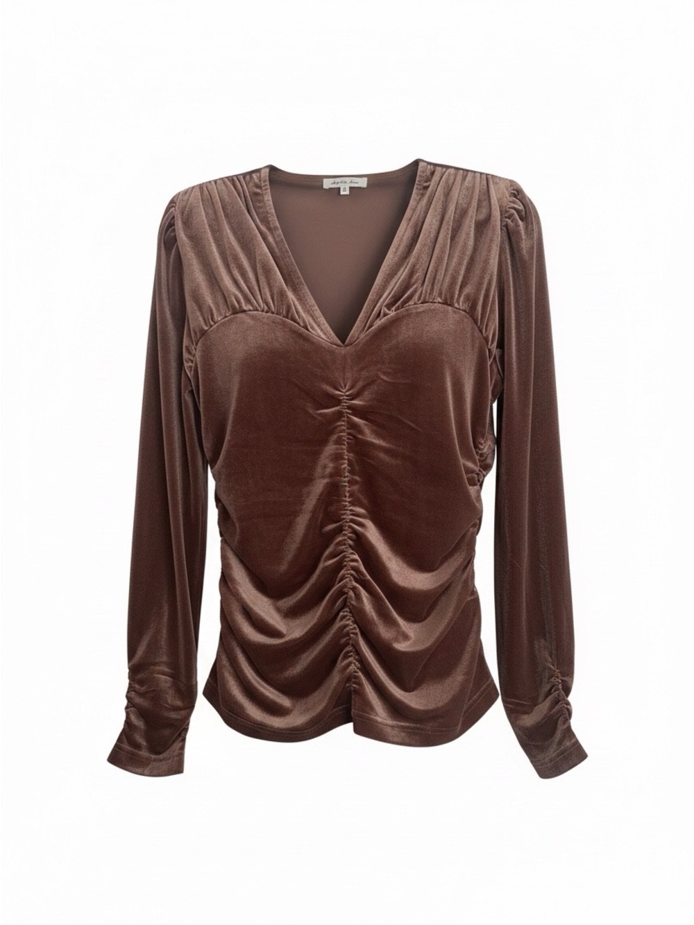 Ruched V-Neck Velvet Top - Brown- Another Love